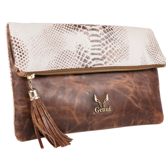 PULL UP IN TAN-WHITE PYTHON CLUTCH
