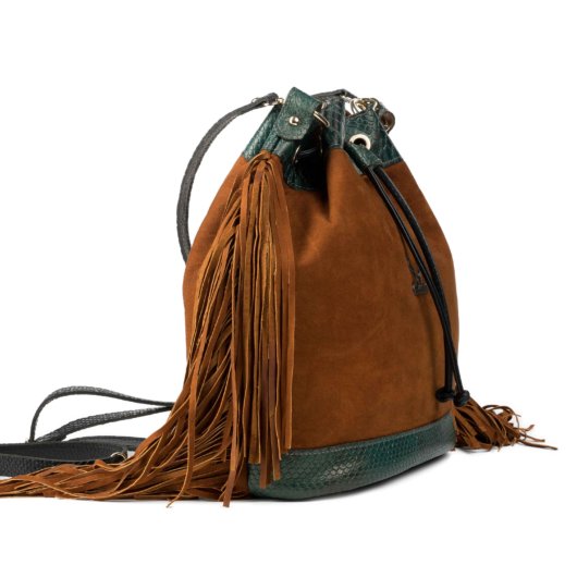3 IN 1 BUCKET BAG IN TAN SUEDE WITH FRINGES
