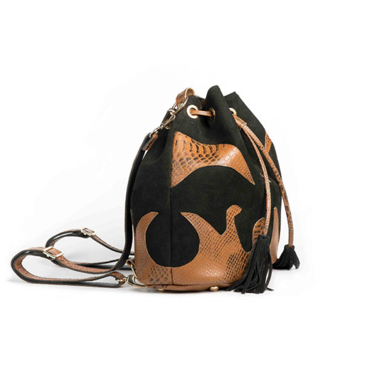 3 IN 1 BUCKET BAG IN BLACK SUEDE WITH DECORATIVE FLAMES