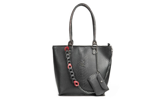 PYTHON EFFECT SHOULDER BAG IN BLACK WITH RED HOOPS "LARGE"