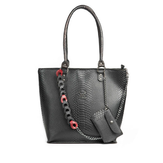 PYTHON EFFECT SHOULDER BAG IN BLACK WITH RED HOOPS "LARGE"