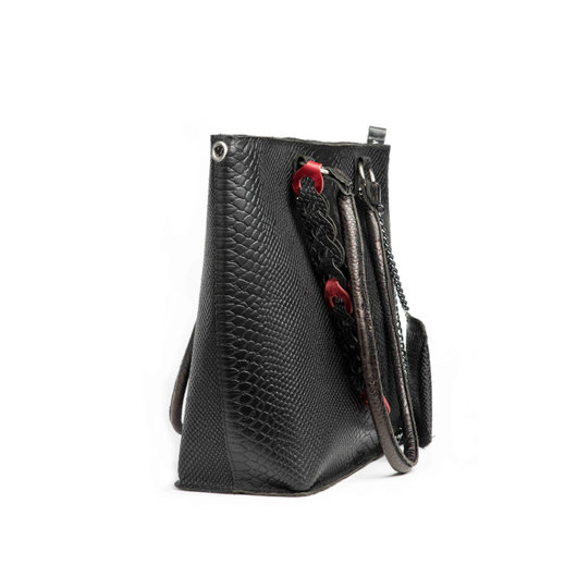 PYTHON EFFECT SHOULDER BAG IN BLACK WITH RED HOOPS "LARGE"