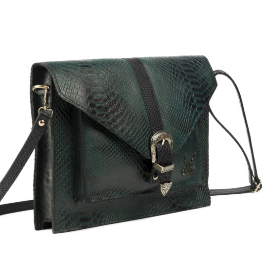 PYTHON EFFECT VINTAGE CLUTCH BAG IN DARK GREEN