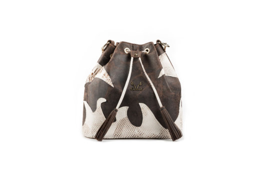 3 IN 1 BUCKET BAG - BROWN PULL UP WITH DECORATIVE FLAMES