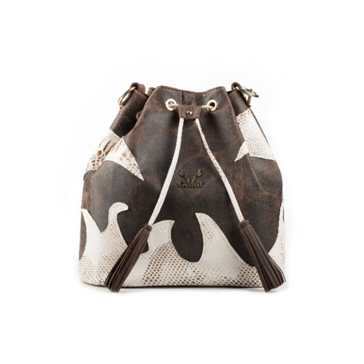 3 IN 1 BUCKET BAG - BROWN PULL UP WITH DECORATIVE FLAMES