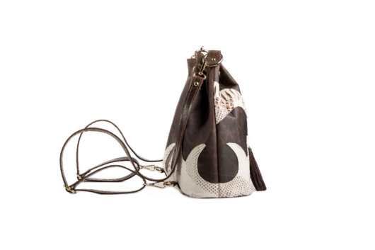 3 IN 1 BUCKET BAG - BROWN PULL UP WITH DECORATIVE FLAMES