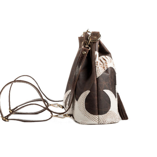 3 IN 1 BUCKET BAG - BROWN PULL UP WITH DECORATIVE FLAMES