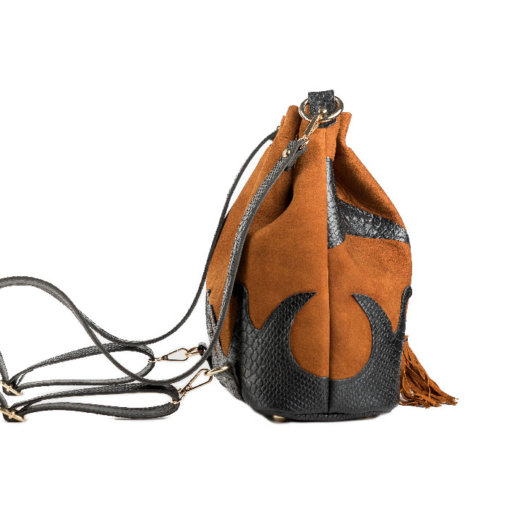3 IN 1 SUEDE BUCKET BAG IN TAN WITH DECORATIVE FLAMES