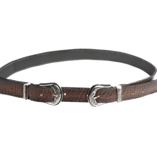 BROWN LEATHER BELT WITH DOUBLE VINTAGE BUCKLE (NICKEL)