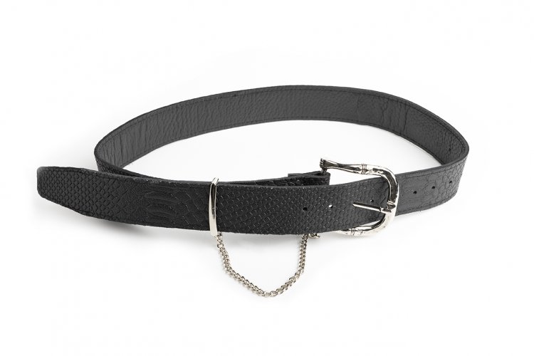 BLACK LEATHER BELT WITH CHAIN (NICKEL HARDWARE)