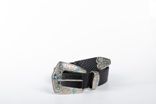 BLACK LEATHER BELT - CARVED WITH BEADS - NICKEL BUCKLES
