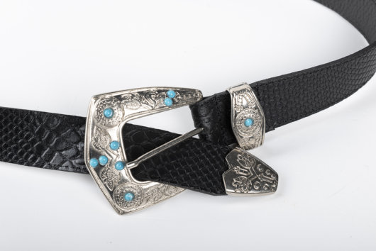BLACK LEATHER BELT - CARVED WITH BEADS - NICKEL BUCKLES