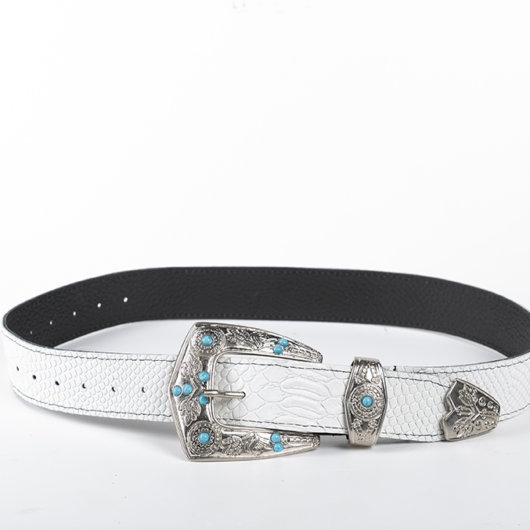 WHITE LEATHER BELT - CARVED WITH BEADS - NICKEL BUCKLE