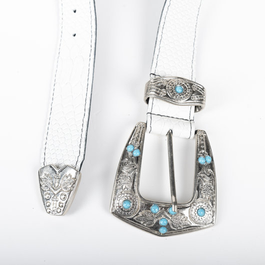 WHITE LEATHER BELT - CARVED WITH BEADS - NICKEL BUCKLE