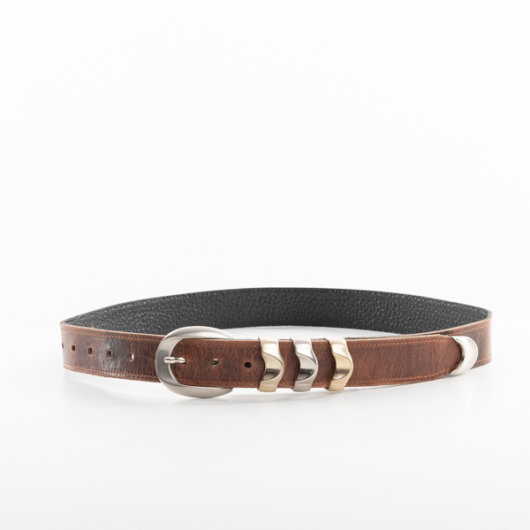 PULL UP LEATHER BELT WITH 3 METAL LOOPS IN BROWN