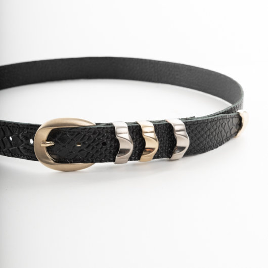 LEATHER BELT WITH 3 METAL LOOPS IN BLACK