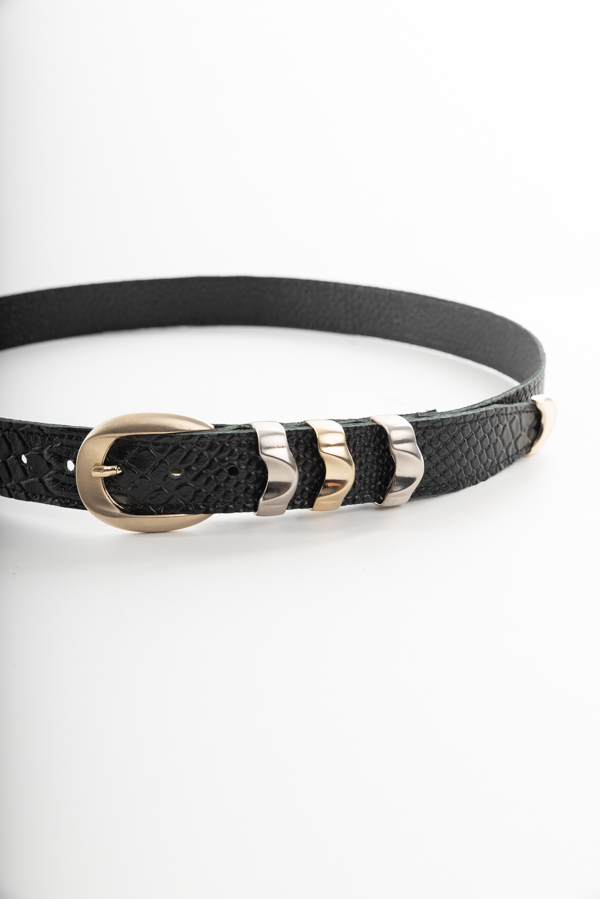 LEATHER BELT WITH 3 METAL LOOPS IN BLACK