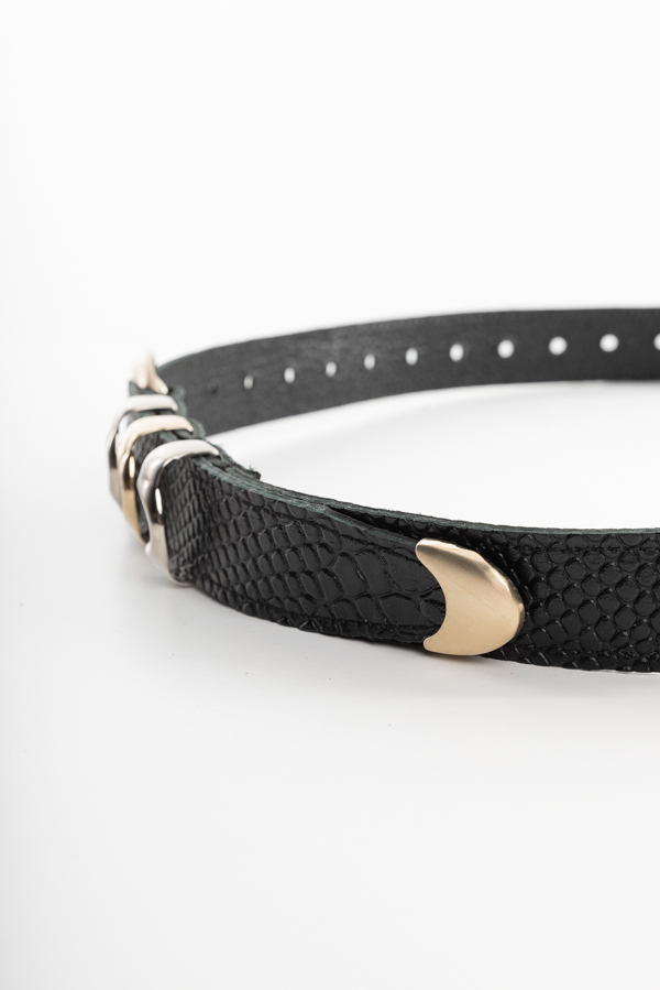 LEATHER BELT WITH 3 METAL LOOPS IN BLACK