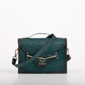 CLUTCH BAG WITH DECORATIVE METAL ACCESSORIES AND HANDLE IN DARK GREEN