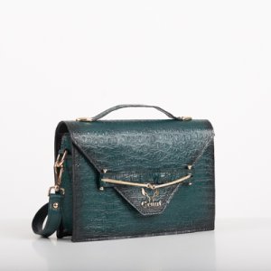 CLUTCH BAG WITH DECORATIVE METAL ACCESSORIES AND HANDLE IN DARK GREEN