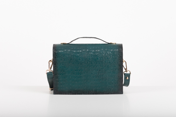 CLUTCH BAG WITH DECORATIVE METAL ACCESSORIES AND HANDLE IN DARK GREEN