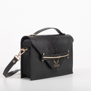 CLUTCH BAG WITH DECORATIVE METAL ACCESSORIES AND HANDLE IN BLACK