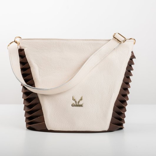 LEATHER SHOULDER BAG IN CREAM-BROWN