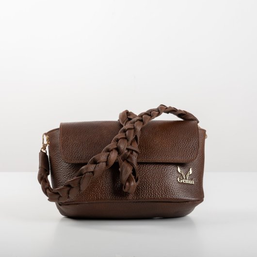 BRAIDED LEATHER BAG WITH FLAP IN BROWN