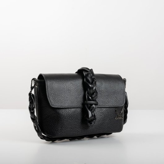 BRAIDED LEATHER BAG WITH FLAP IN BLACK