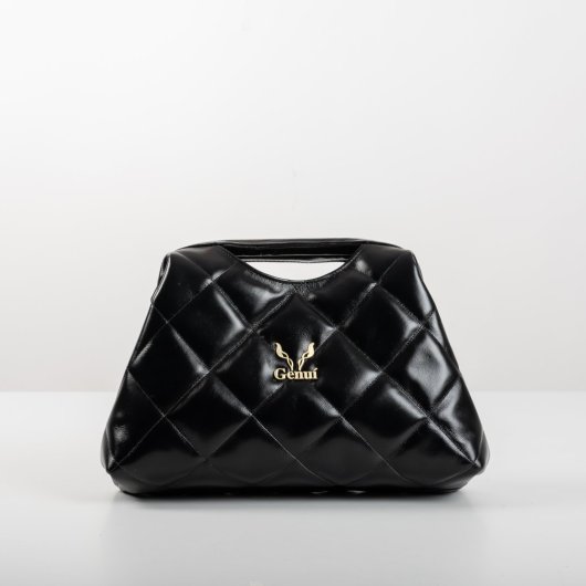 CLASP HANDLE LEATHER QUILTED HANDBAG IN BLACK