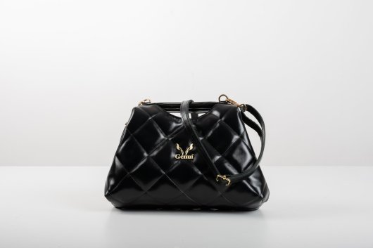 CLASP HANDLE LEATHER QUILTED HANDBAG IN BLACK