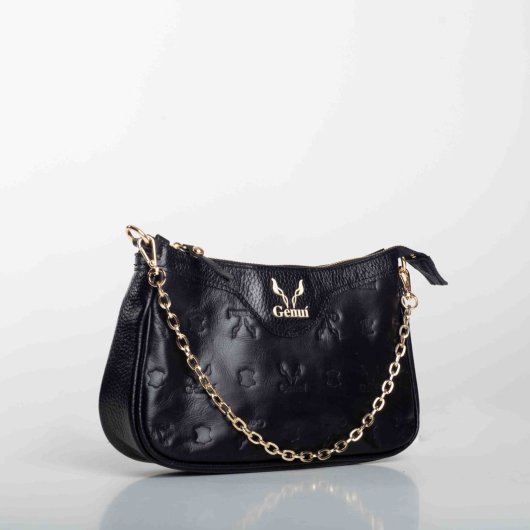 LEATHER SHOULDER BAG WITH CHAIN IN BLACK (LOGO)