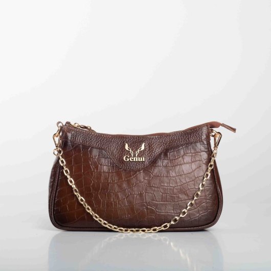 LEATHER SHOULDER BAG WITH CHAIN IN BROWN