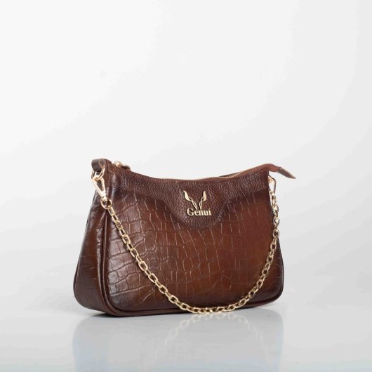 LEATHER SHOULDER BAG WITH CHAIN IN BROWN