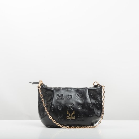 PLEATED LEATHER SHOULDER BAG IN BLACK (LOGO)