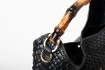 BAMBOO HANDLE LEATHER BAG IN BLACK