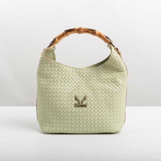 BAMBOO HANDLE LEATHER BAG IN PISTACHIO GREEN