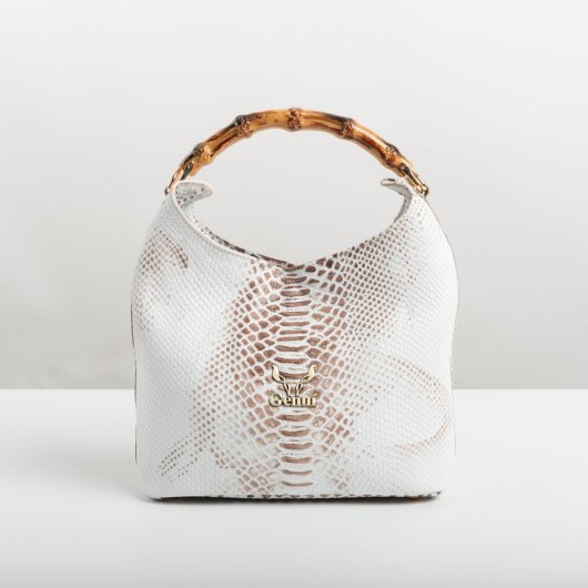 BAMBOO HANDLE LEATHER BAG IN WHITE