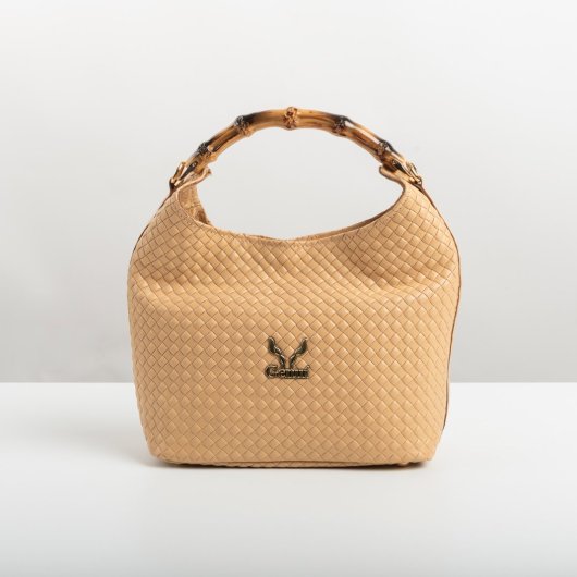 BAMBOO HANDLE LEATHER BAG IN POWDER