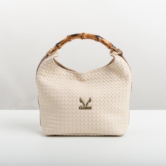 BAMBOO HANDLE LEATHER BAG IN CREAM