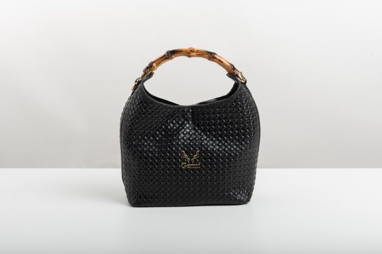 BAMBOO HANDLE LEATHER BAG IN BLACK