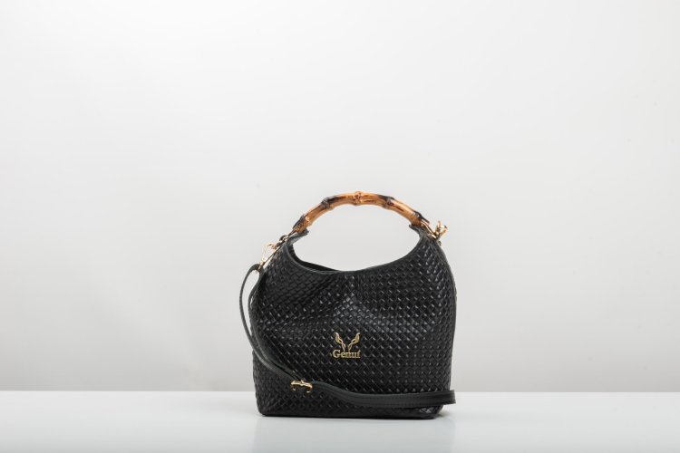 BAMBOO HANDLE LEATHER BAG IN BLACK