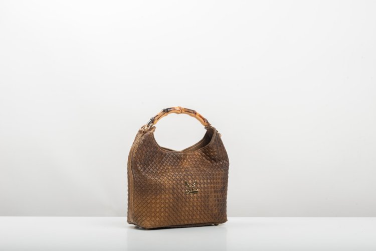 BAMBOO HANDLE LEATHER BAG IN OLIVE GREEN